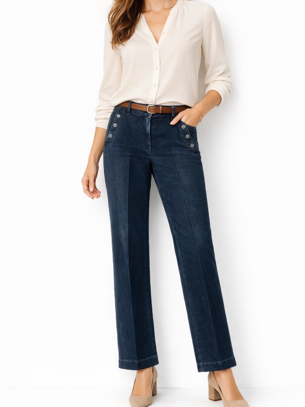 LOFT Modern Trouser Sz 8 Dark Wash Sailor Button High Rise Jeans